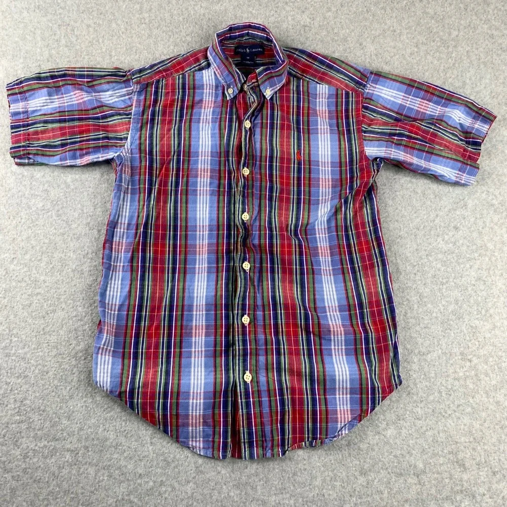 Ralph‎ Lauren Button Down Shirt Boys M Multicolor Plaid Short Sleeve Cotton Pony